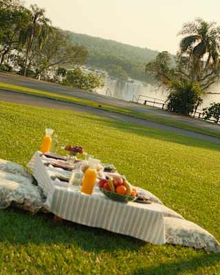 Tilted image of a picnic table with plates, juice and fruit bowls, with cushions either side, on a lawn with waterfall views.