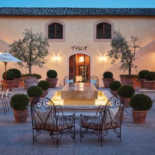 Olive trees and balls of shrubs grow in giant terracotta tubs. Underwater lights turn the water gold in a central fountain