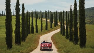 Red vintage soft-top car driving along a winding driveway lined by cypress trees