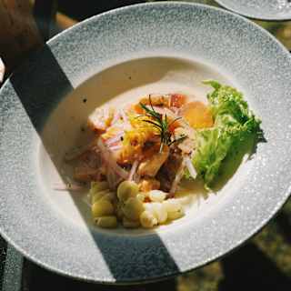 Looking down on a vibrant dish of traditional ceviche with salad, red onion, and rosemary sprig garnish, served at Curiña .