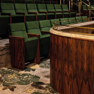 Polished brass railings curve around the top of the circle balcony. Tiered green velvet seated climbs up in regimented rows