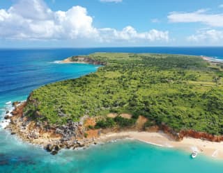 Aerial view of the uninhabited green-topped Tintamarre island, where a snorkel tour boat is pulled up on a white sand beach.