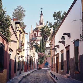 Curved cobblestone street lined with pastel coloured colonial-style homes
