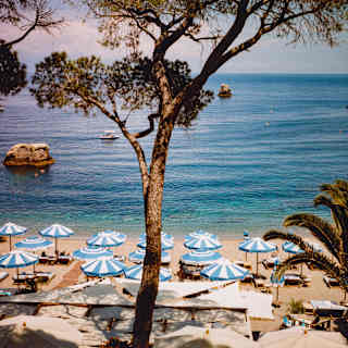 High angle view of a cluster of blue and white parasols along the pebbled edge of the sapphire sea, divided by a tall pine.