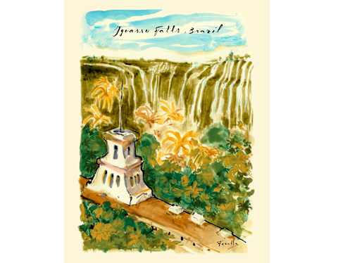 A painted illustration by Italian fashion artist Andrea Ferolla, capturing the hues and movement of the Iguassu Falls.