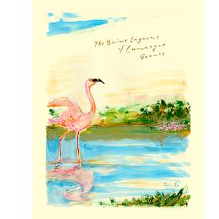 Painting by Andrea Ferolla of a pink flamingo wading in wetlands in an image entitled the Brine Lagoons of Camargue, France.