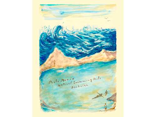A painting of waves surrounding figures, swimming in a sheltered bay, entitled Porto Moniz, Madeira, by Andrea Ferolla.