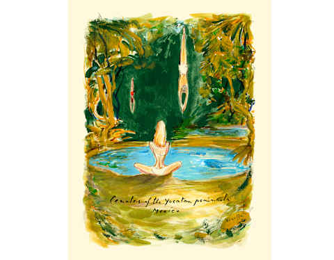 A woman sits by a pool as two figures dive from above, in Ferolla's painting of the Cenotes of the Yucatan Peninsula, Mexico.