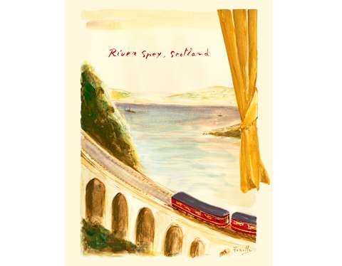 A train crosses an arched bridge in a view from above capturing water below in Ferolla's painting of the River Spey, Scotland.