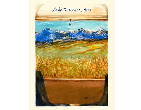 Ferolla's painting of a view through a train window of yellowish grasslands and blue mountains, entitled Lake Titicaca, Peru.