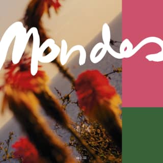 The cover of Mondes magazine with blocks of yellow, pink and green, bordering an image of red hot poker plants in soft-focus.