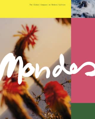 The cover of Mondes magazine with blocks of yellow, pink and green, bordering an image of red hot poker plants in soft-focus.