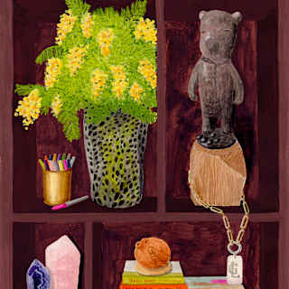 An artwork, Objects of Inspiration, depicts a bouquet, pen pot, bear figure and books, drawn in Sharpie by designer Laura Gonzalez.