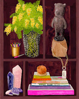 An artwork, Objects of Inspiration, depicts a bouquet, pen pot, bear figure and books, drawn in Sharpie by designer Laura Gonzalez.
