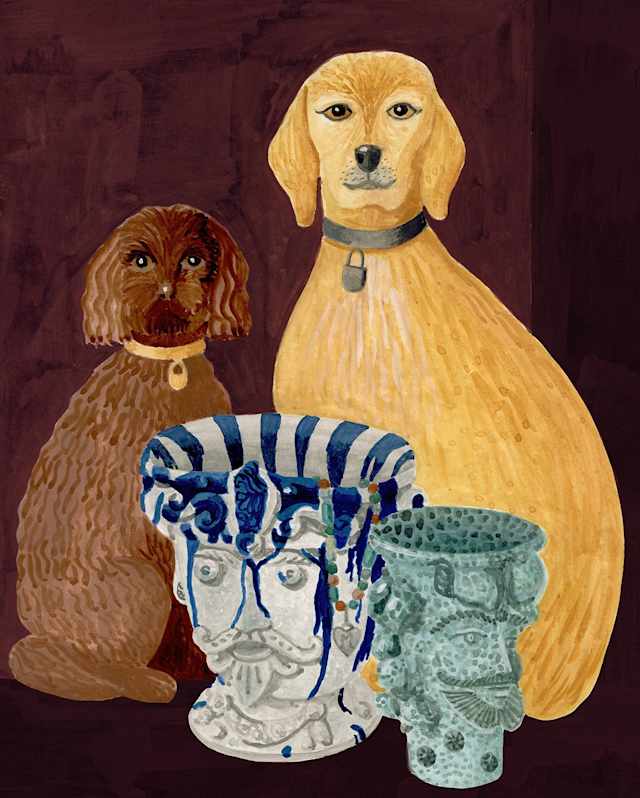 A sharpie artwork of porcelain dogs, one brown, one gold, with two ceramic head planters, by interior designer Laura Gonzalez.