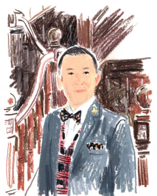 Illustration by Damien Cuypers of Toru Machida, Head Concierge at The Cadogan, in the lobby in a suit, waistcoat and bow-tie.