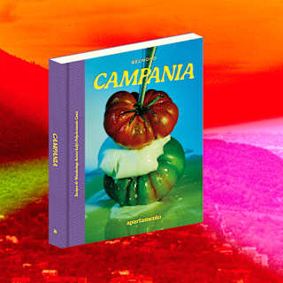 A copy of Campania on a photograph of countryside, with multicolour stripe effects in orange, pink, red and green.