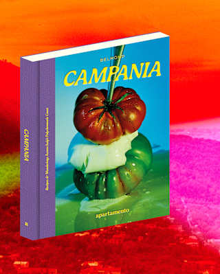 A copy of Campania on a photograph of countryside, with multicolour stripe effects in orange, pink, red and green.