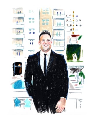 Crayon illustration of Anderson Azevedo, Head Concierge at Copacabana Palace, wearing a black suit, by artist Damien Cuypers.