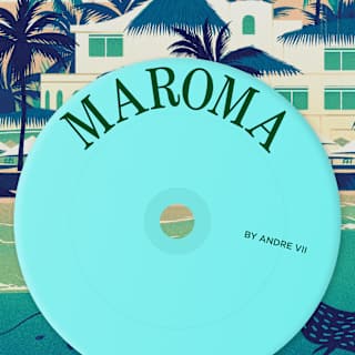 A turquoise disc with the words 'Maroma by Andre VII' superimposed on a graphic of a white villa by a sea filled with manta rays.