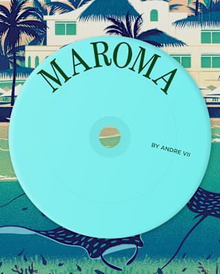 A turquoise disc with the words 'Maroma by Andre VII' superimposed on a graphic of a white villa by a sea filled with manta rays.