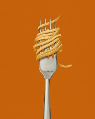Illustration of Trenette - slim, flat strands of pasta - twisted around a fork and held up against a deep orange background.