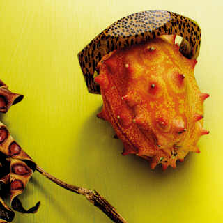 A resin-like ring with a black freckled pattern is displayed on an orange-hued spiky kiwano fruit on a yellow background.