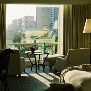 Looking over the cool creams and blues of Junior Ocean View Suite to the window, filled with natural light and city views.