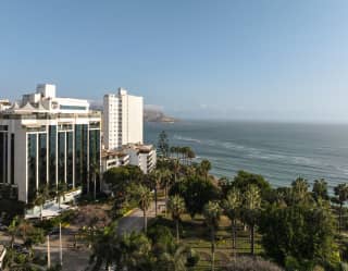 The white and glass edifice of Miraflores Park rises above the palm trees of Parque Domodossola, facing the Pacific Ocean.
