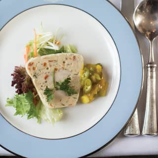 Birds-eye-view of a crab terrine served with a radicchio salad