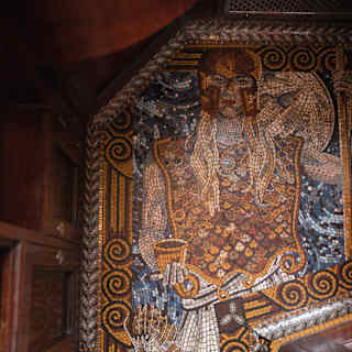 Close-up of a mosaic floor with a design of the Roman goddess Minerva