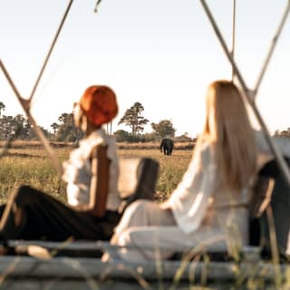 Blurred silhouettes of two stylish ladies watching an elephant approach in the distance
