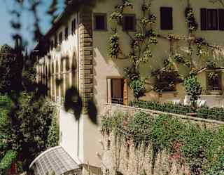 A vine clambers across one of the hotel's cream-rendered walls with little shuttered windows, seen from the shade of a tree.