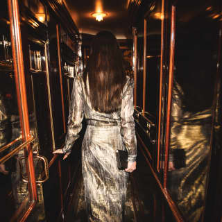 A woman in a silver gown walks along a corridor of highly polished wood and brass fittings towards her private cabin