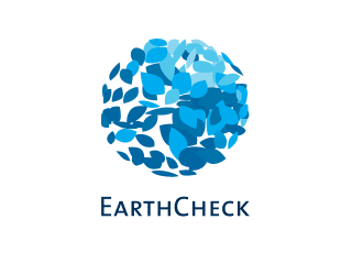 A logo made of leaf-shapes in blues clustering to form a globe represents EarthCheck, which advises on sustainable tourism.