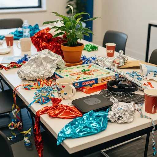 Office Desk Full Of Gifts For White Elephant